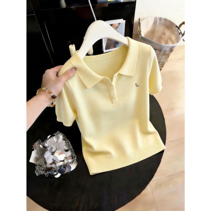 Áo sơ mi polo thêu nửa ngực màu xanh da trời Áo thun ngắn tay dành cho nữ Áo thun đa năng thô