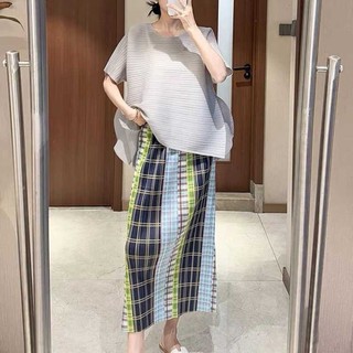 chiếc váy kẻ sọc ngang lưng tương phản kiểu cổ điển Nhật Bản Miyake váy cạp cao xếp li mùa hè