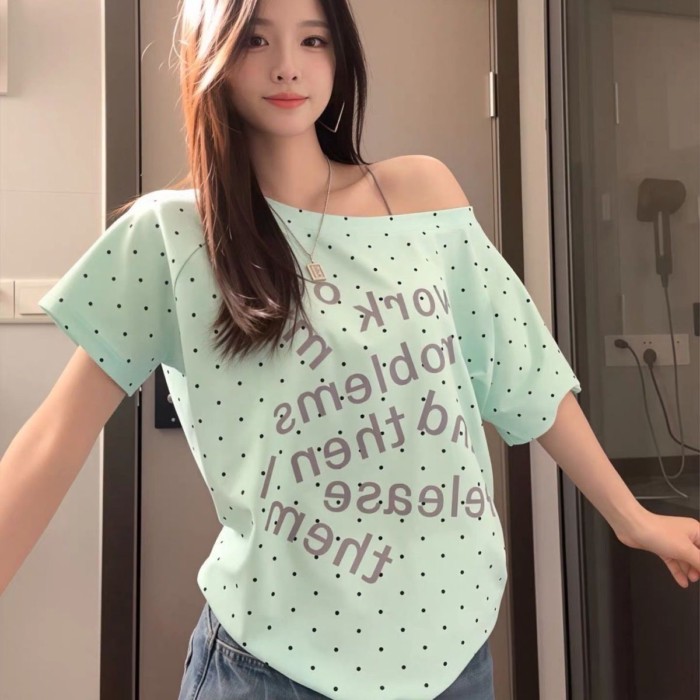 Áo thun nữ tay ngắn in chữ chấm bi  dành cho nữ, lệch vai sóng một vai lệch vai mùa hè theo ph