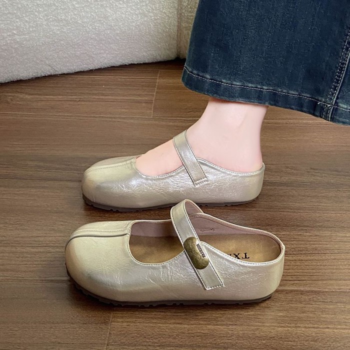 Giày sandal nữ mùa hè nửa kéo Bao Đầu thiết kế hạt đậu vàng nhỏ bên trong tăng chiều cao 5cm