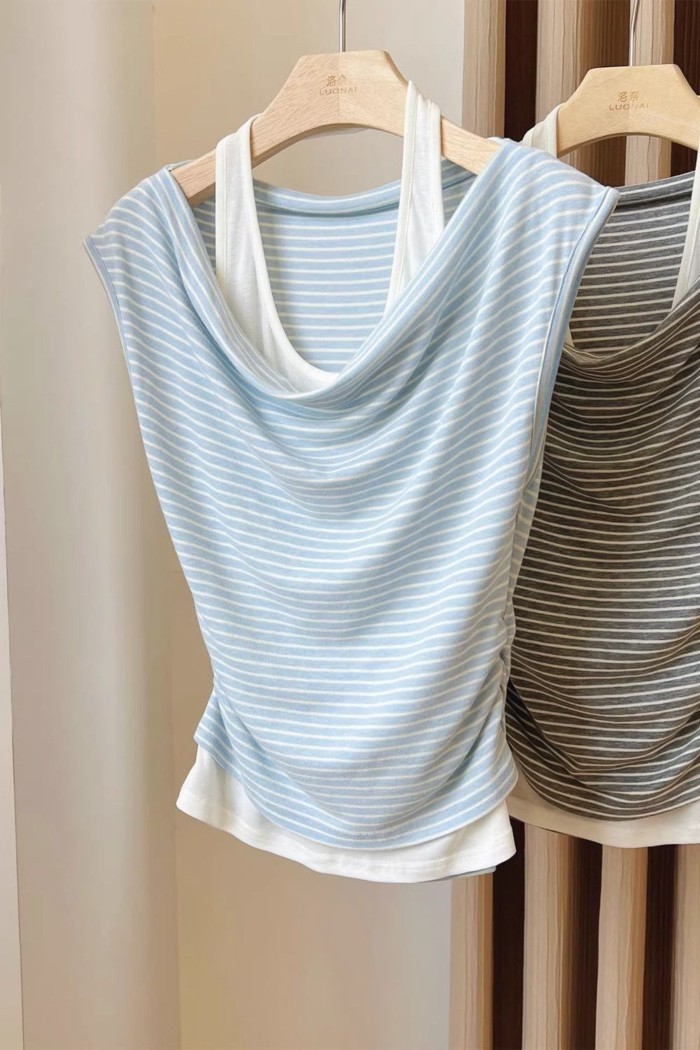 Lan ~ Áo Vest Sọc Nữ Mùa Hè Mặc Bên Ngoài Thiết Kế Mùa Hè Cảm Giác Xếp Ly Hẹp Cổ Dây Giả Hai Mảnh Áo Thun Không Tay Áo Thun