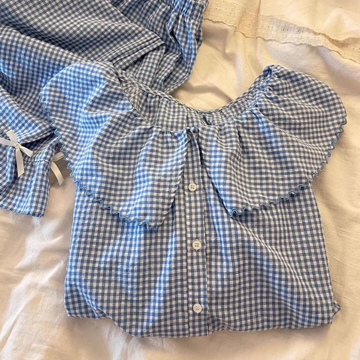Bộ đồ len kẻ sọc ngọt ngào cao cấp Hàn Quốc Bộ đồ ngủ cardigan cổ búp bê dễ thương rộng rãi v