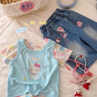 Quần áo trẻ em bé gái nguyên chất cotton ngắn tay áo thun giả hai mảnh in hình mùa hè trẻ em cho bé