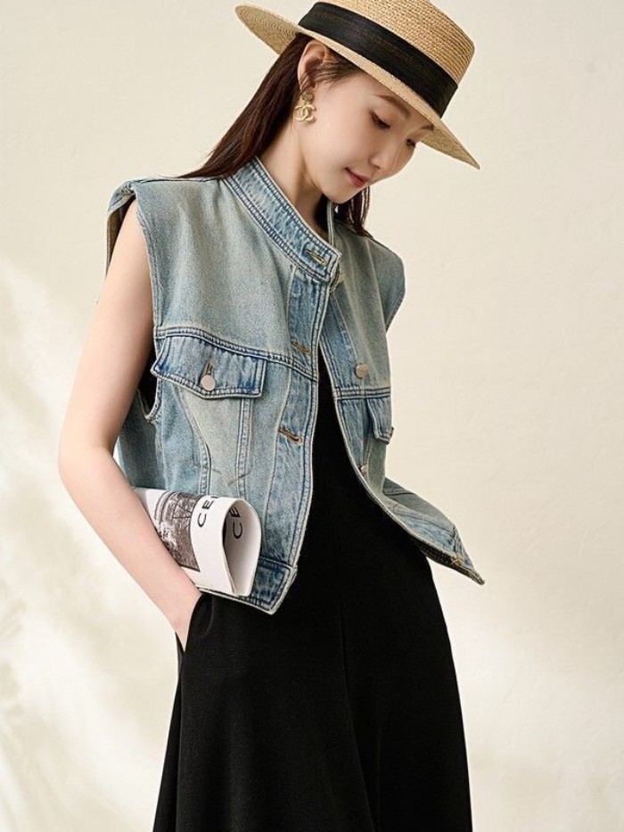 Lan Retro Áo Vest Denim Xuân Thu, Cổ Đứng và Miếng Lót Vai, Thích Hợp Thời Trang