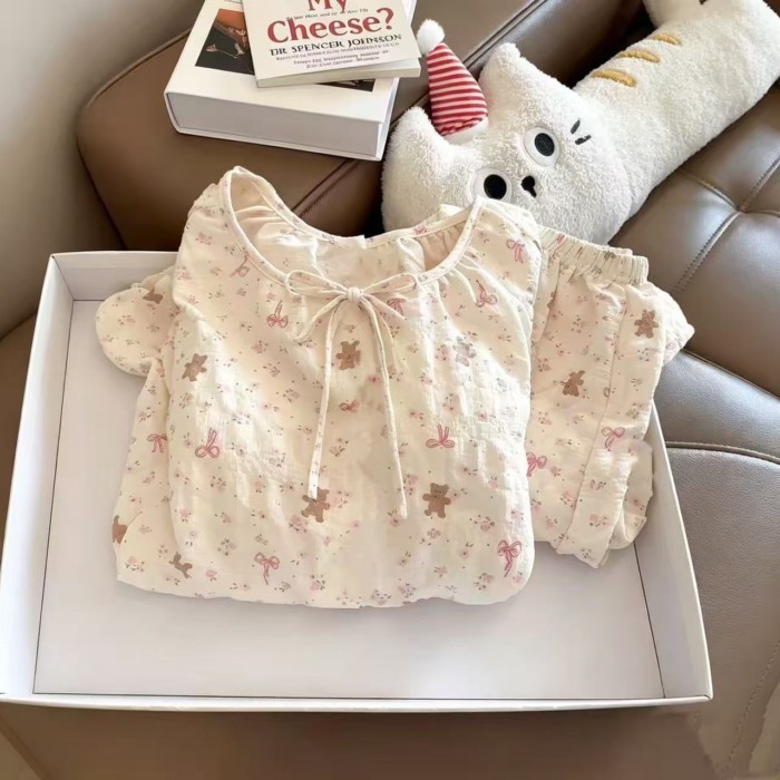 Bộ đồ ngủ trẻ em mới dành cho trẻ em bằng vải cotton hình đám mây ngắn tay mùa hè hình gấu ho