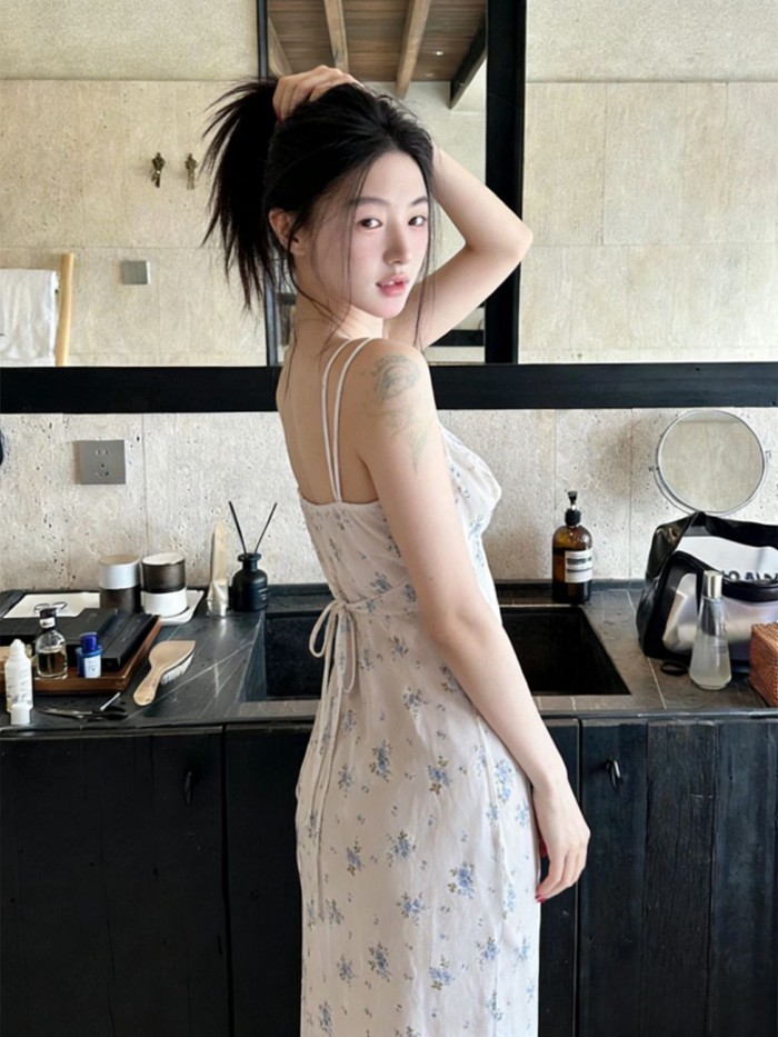 Đầm hoa ngọt ngào kiểu Pháp có dây treo váy ngủ dành cho nữ mùa hè thời trang mới gợi cảm Đầm