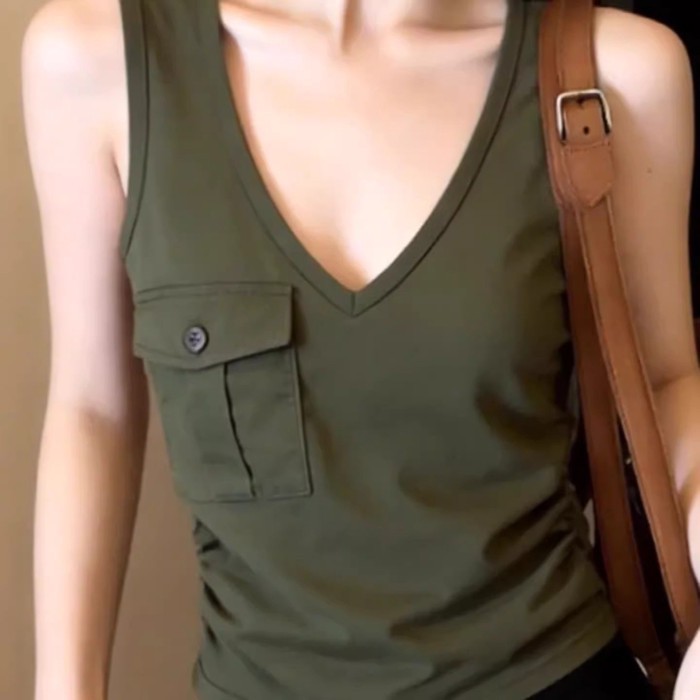 Lan ~ Phong Cách Hàn Quốc Thiết Kế Bỏ Túi Cảm Giác Áo Vest Nữ Mùa Hè Phong Cách Mới Hot Girl Phong Cách Chặt Tay Nẹp Không Tay Đệm Ngực