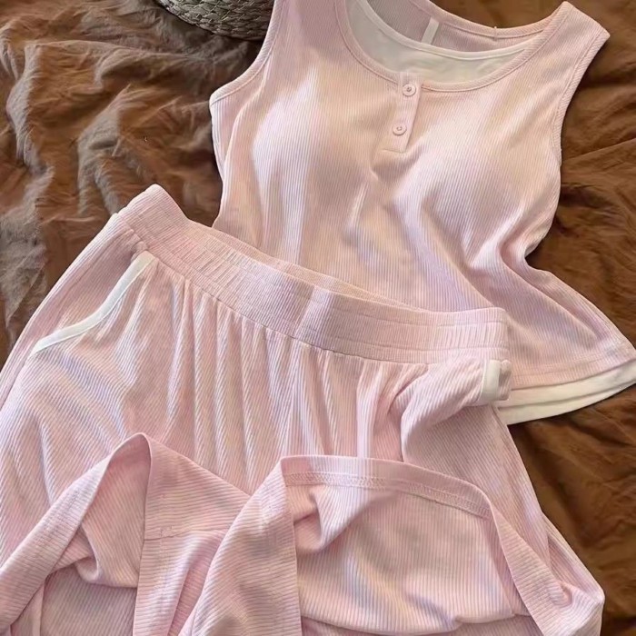 Bộ đồ ngủ có dây đeo mùa hè dành cho nữ có miếng đệm ngực, áo vest không tay, bộ đồ mặc nhà rộng rã