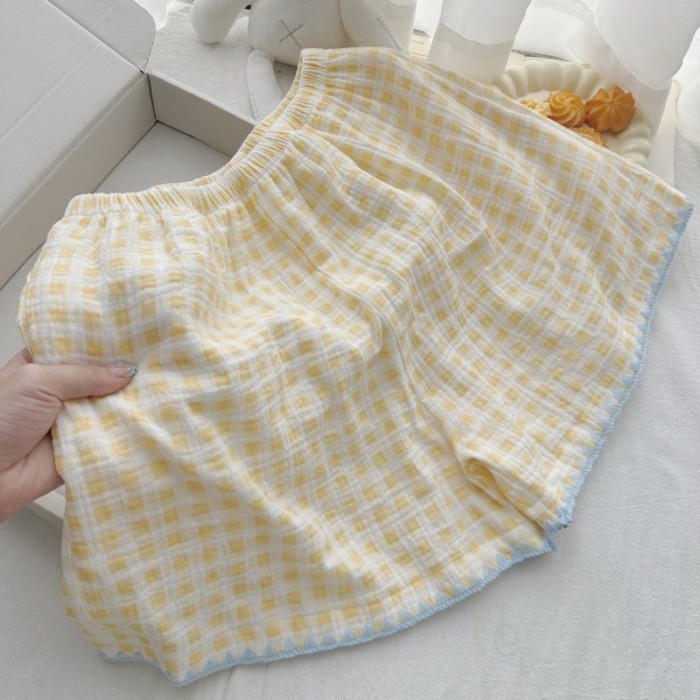 đơn giản viền xanh kem kẻ sọc vàng quần short không tay Bộ đồ ngủ nữ mùa hè Cloud cotton bé g