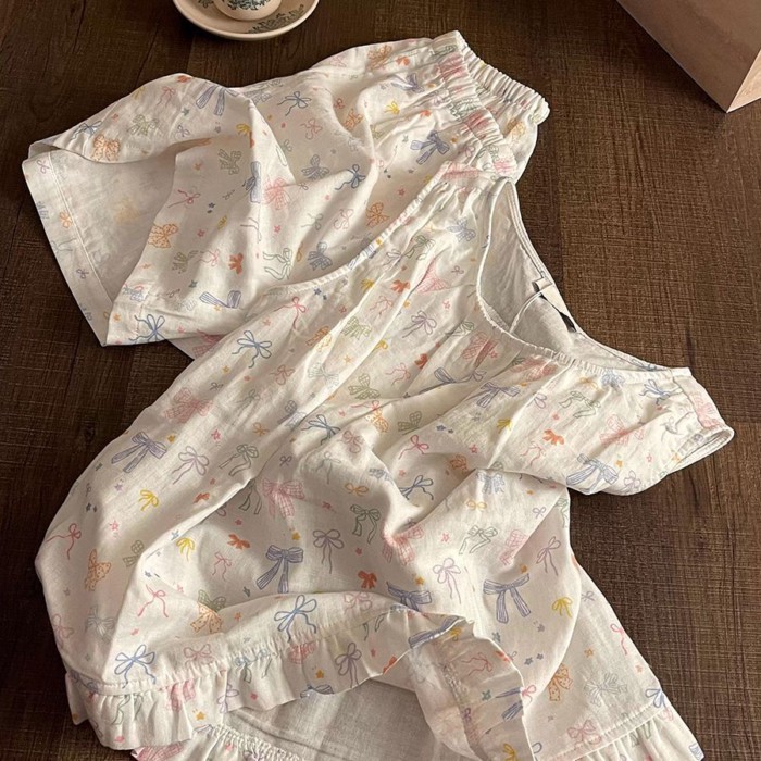 Bộ đồ ngủ không tay in hình nơ đầy màu sắc phong cách Hàn Quốc dành cho nữ Bộ quần short dễ t