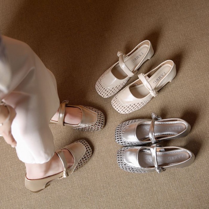 Giày sandal rỗng mũi vuông bện kiểu Pháp dành cho nữ mùa hè giày đế dày một dây Mary Jane