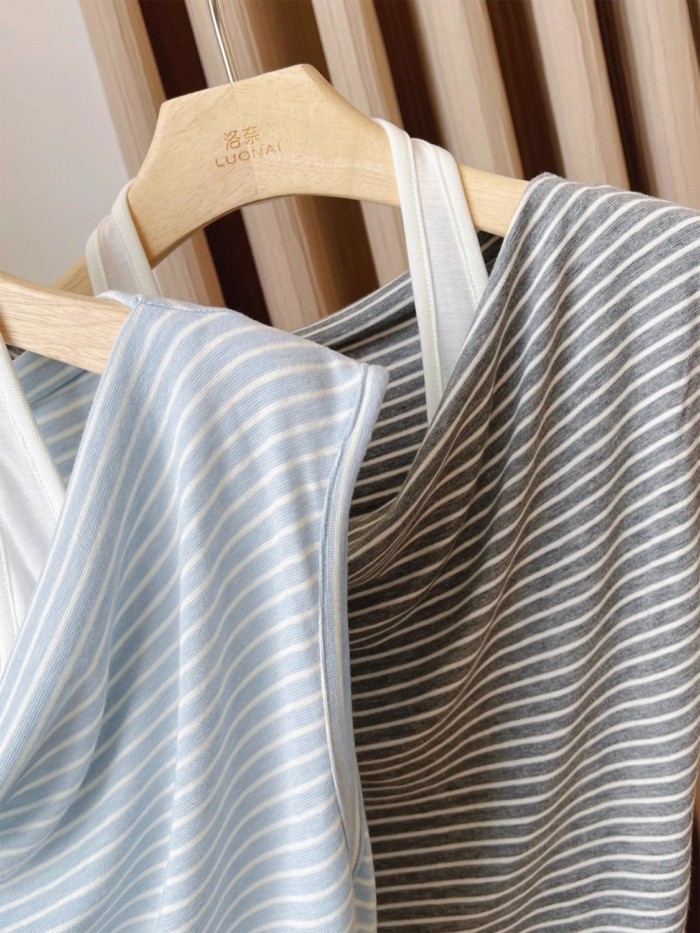 Lan ~ Áo Vest Sọc Nữ Mùa Hè Mặc Bên Ngoài Thiết Kế Mùa Hè Cảm Giác Xếp Ly Hẹp Cổ Dây Giả Hai Mảnh Áo Thun Không Tay Áo Thun