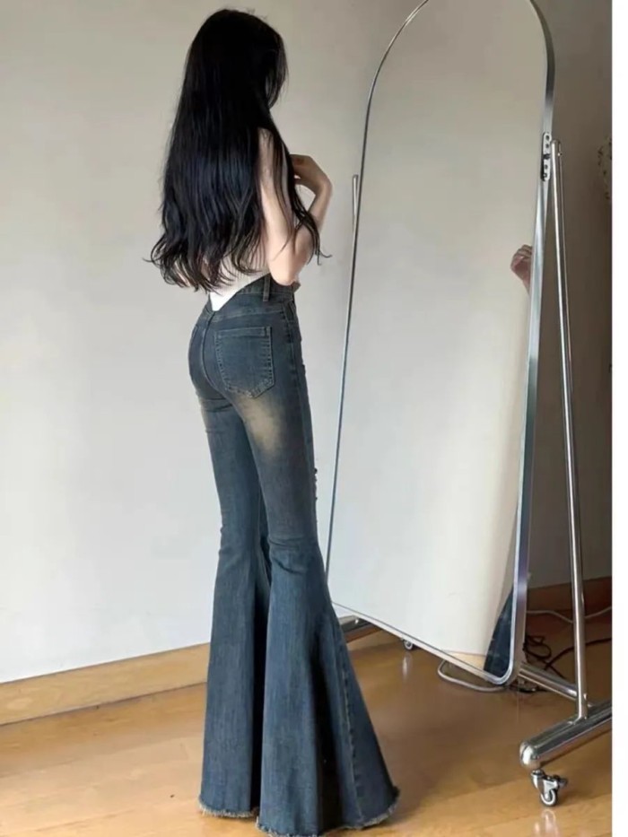 Lan ~ American Retro Hot Girl Rách Hơi Rách Quần Jean Nữ Xuân Thu Phong Cách Mới Cao Cấp Ôm Ôm Hơn Nhìn Rộng Chân Hồ
