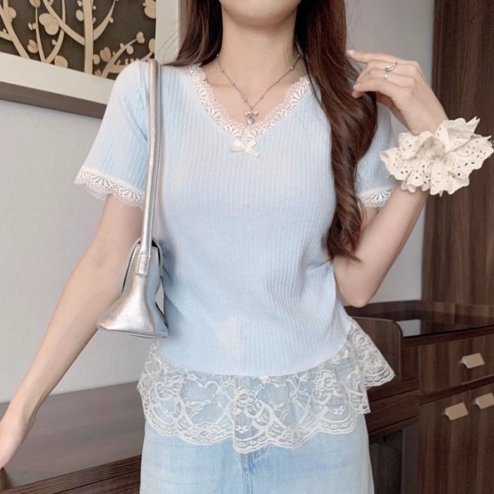 thun hai mảnh giả ren nối ren phong cách nhẹ nhàng dành cho nữ Áo thun cổ chữ V mới che bụng