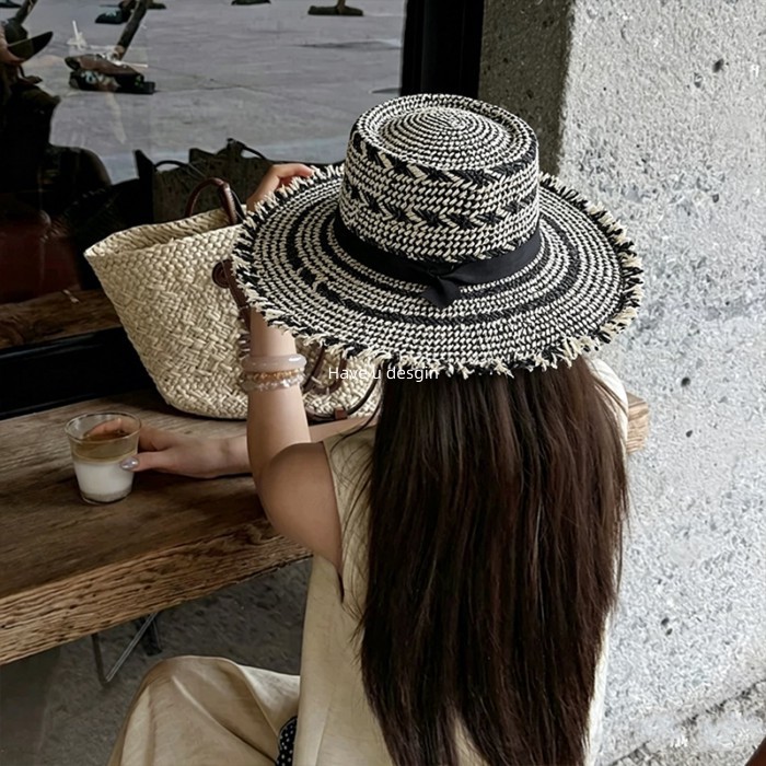 Have u desgin Pháp Retro Phong Cách Tiền Cũ Flat Top Mũ Rơm Nữ Mùa Hè Cao Cấp Phối Ren Màu Hỗn Hợp Mũ Rơm Vành Lớn Mũ Đi Biển