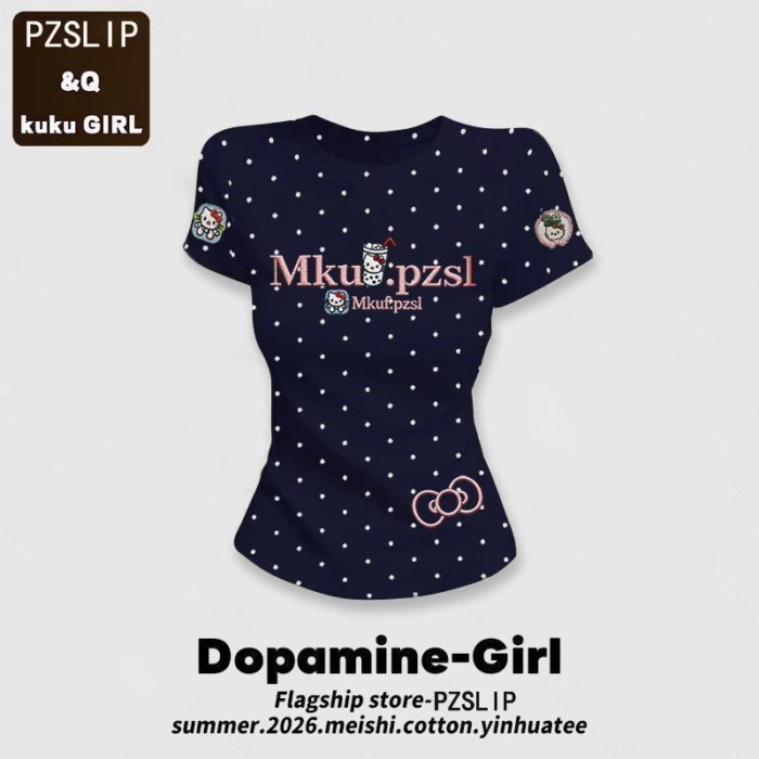 Áo thun ngắn tay cổ tròn chấm bi không bóng dành cho nữ mùa xuân hè xanh bạc hà dopamine slim fit t