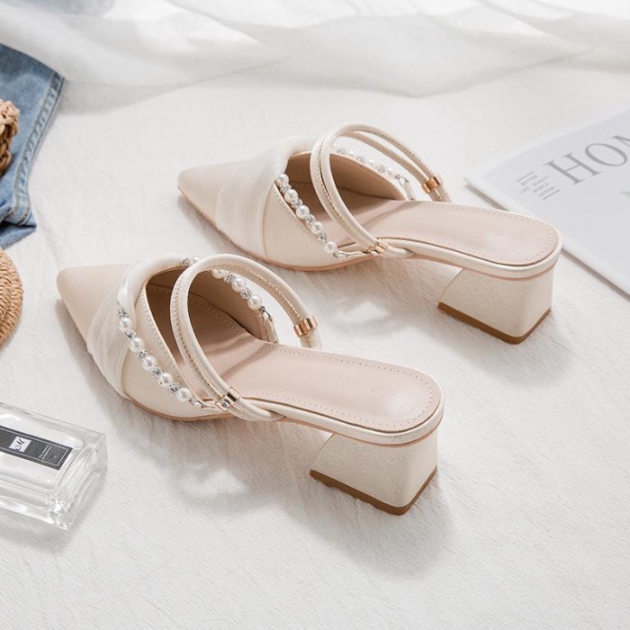 Giày sandal hai dây cao gót mùa xuân hè nữ kiểu Pháp nửa kéo, sandal mũi nhọn, giày nữ mũi nhọn gót