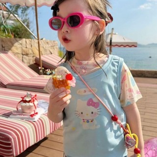Quần áo trẻ em bé gái nguyên chất cotton ngắn tay áo thun giả hai mảnh in hình mùa hè trẻ em cho bé