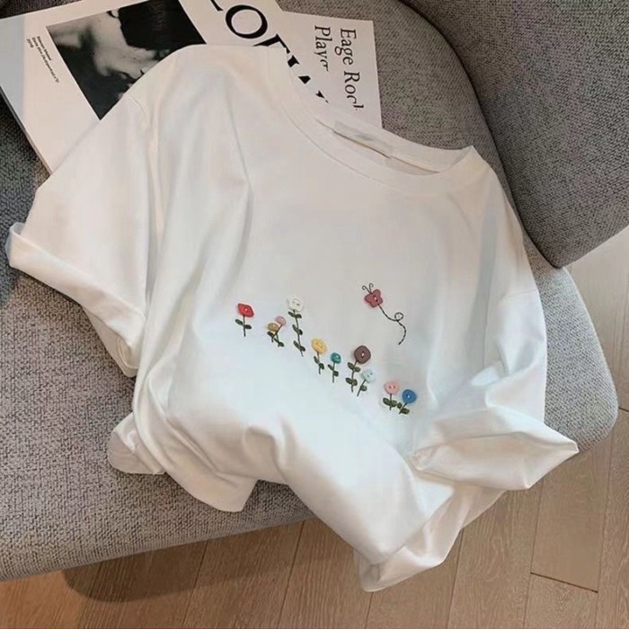 Áo sơ mi ngắn tay màu xám dành cho nữ phong cách Hàn Quốc dáng rộng giản dị Áo thun cotton in