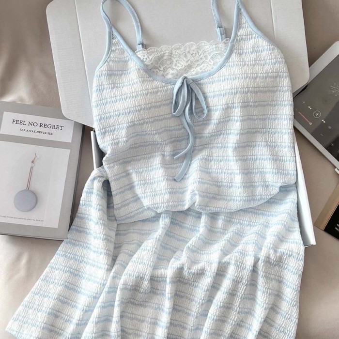 Nguyên Chất Desire Sọc Váy Ngủ Xanh Mùa Hè Gợi Cảm Suspender Mới Ren Có Thể Lộ Nhà Quần Áo Mi
