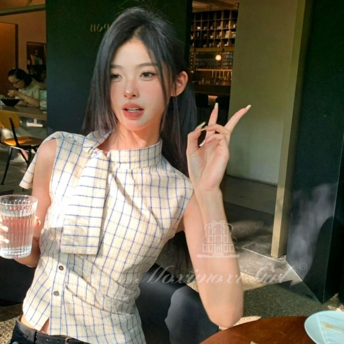 Áo sơ mi kẻ sọc cổ cao cột dây eo không tay phong cách Hàn Quốc giảm béo khí chất áo slim fit
