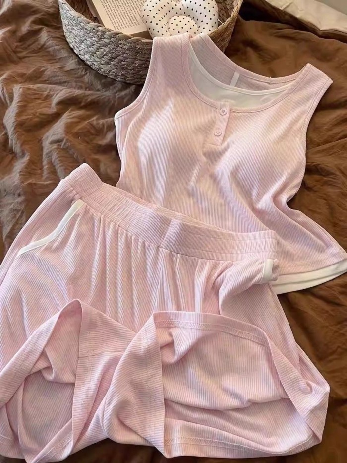 Bộ đồ ngủ có dây đeo mùa hè dành cho nữ có miếng đệm ngực, áo vest không tay, bộ đồ mặc nhà rộng rã
