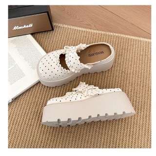 đôi giày Birkenstock phối ren chấm bi cho nữ mới đa năng tăng chiều cao lười một chân dép nửa ng