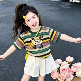 Áo thun ngắn tay sọc cầu vồng hoạt hình cho bé gái phiên bản Hàn Quốc giản dị ngọt ngào mùa hè