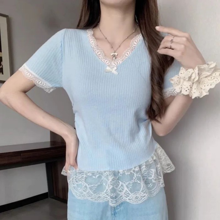 thun hai mảnh giả ren nối ren phong cách nhẹ nhàng dành cho nữ Áo thun cổ chữ V mới che bụng