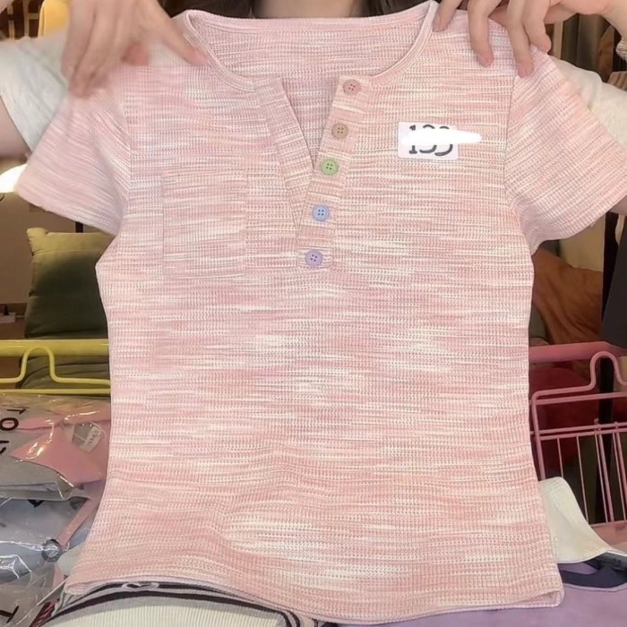 Nút màu Dopamine Hàn Quốc Sọc Slim Tay áo ngắn Slim Sweet Girl Áo thun ngắn Top Ins
