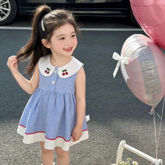 Váy cotton nguyên chất bé gái váy dài vừa phải váy bé gái công chúa phong cách bé gái áo vest