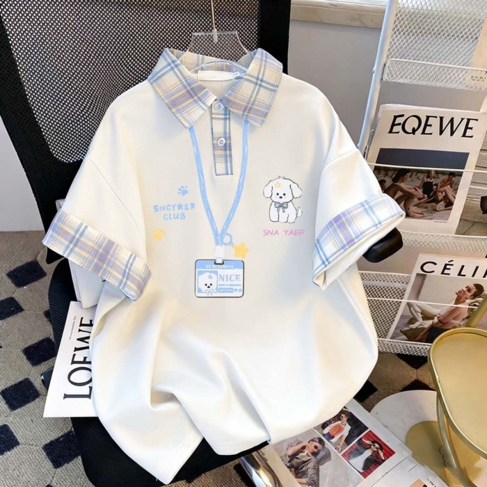 màu tương phản áo sơ mi polo có ve áo ngắn tay mùa hè nữ kẻ sọc khâu niche top