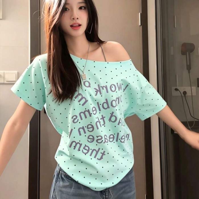 Áo thun nữ tay ngắn in chữ chấm bi  dành cho nữ, lệch vai sóng một vai lệch vai mùa hè theo ph