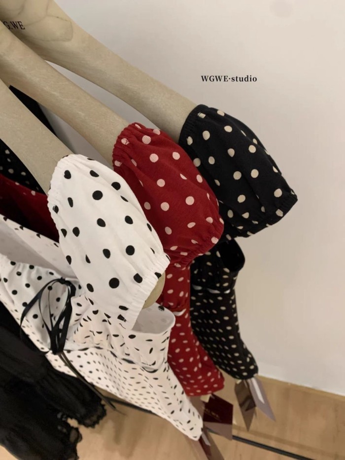 Áo cổ vuông chấm bi mùa hè cho nữ, áo sơ mi thắt nơ cổ điển kiểu Pháp cho nữ, áo giảm béo