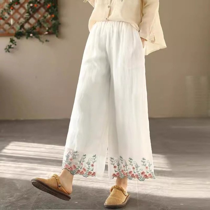 Mùa Xuân Và Mùa Hè Mới Retro Phong Cách Trung Hoa Co Giãn Rộng Cotton Và Vải Lanh Quần Âu Thêu Q