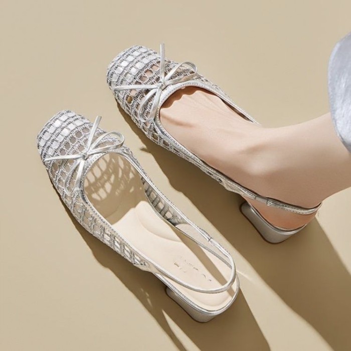 Giày Sandal Nữ Ice Silk Giày Cao Gót Gót Dày Dép Dệt Lưới Rỗng Giày Đơn Dây Quai Mũi Xăng Đan