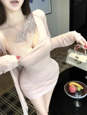Đầm trễ vai phối ren dành cho nữ, váy ôm sát tôn dáng thuần khiết màu hồng xếp ly ôm sát hông