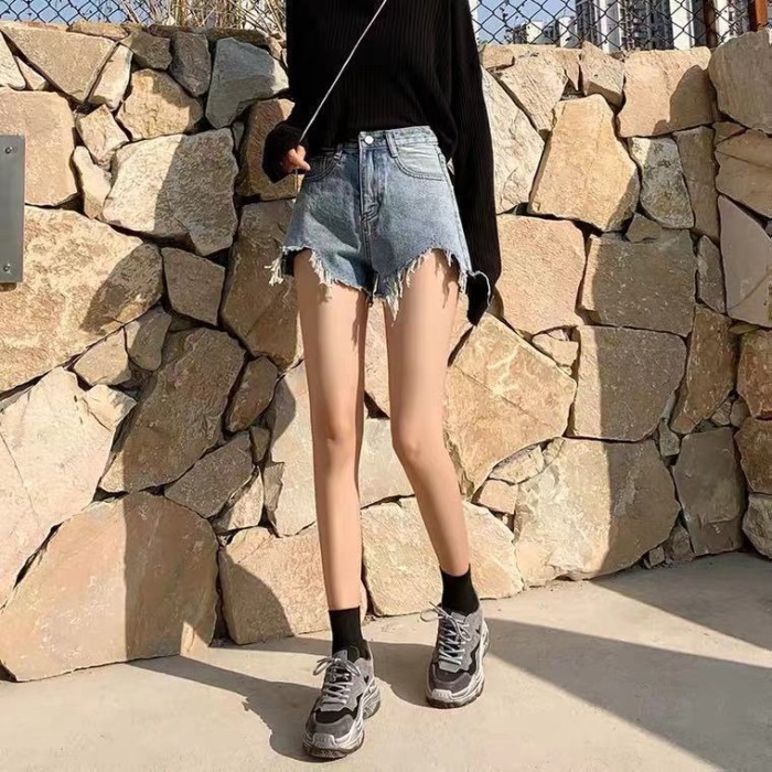 Quần short denim nữ mùa hè lưng cao học sinh mới giảm béo phong cách Hàn Quốc ống rộng dáng rộ