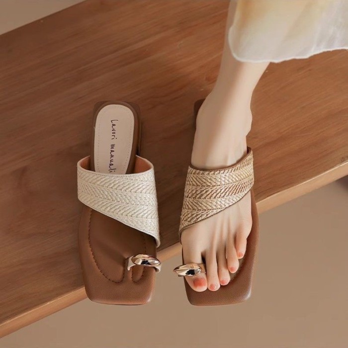 Lan ~ Smile Đi đến cuộc hẹn mùa hè Phong cách kỳ nghỉ Dệt Flip-Flops Gót dày Mặc bên ngoài Dép phong cách mới của Pháp