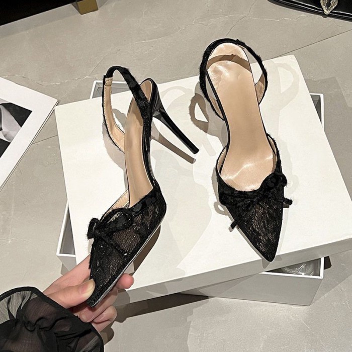 Giày sandal mũi nhọn thắt nơ khí chất mùa hè giày cao gót mũi nhọn phối ren cho nữ