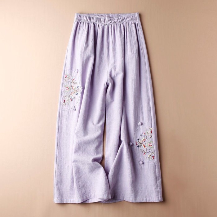 chiếc quần cotton và lanh mùa hè dành cho nữ, quần ống rộng thêu phong cách dân tộc retro mỏng,