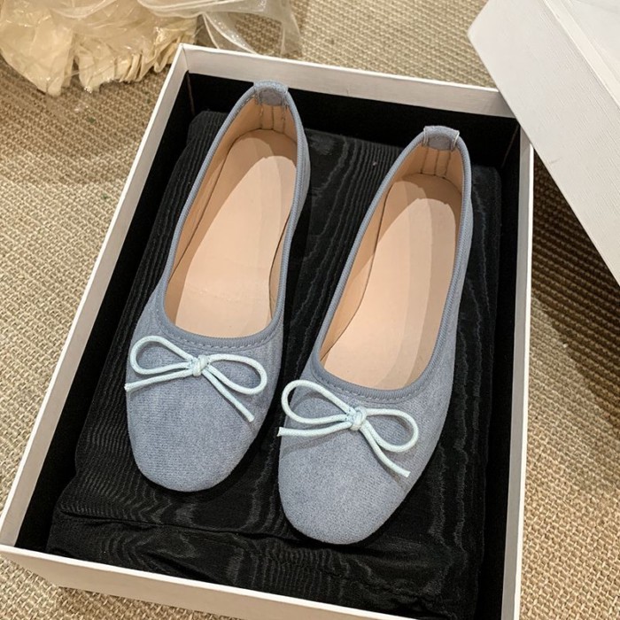 Giày Nữ Giày Pháp Xanh Dương Giày Đơn Nơ Đáy Bằng Dẹt Mũi Tròn Mới Ba Lê Nhẹ Nhàng Mùa Xuân B