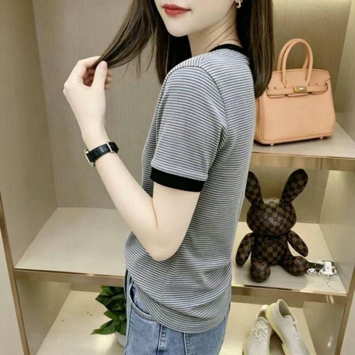 Áo thun ngắn tay sọc lệch vai thêu họa tiết thời trang mùa hè đa năng, dáng ôm, dáng ôm, cổ tròn, á