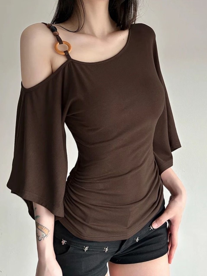 Áo thun ba phần tư lệch vai màu nâu dành cho nữ khí chất cao cấp, áo thun giảm béo mặc mùa hè đầu t
