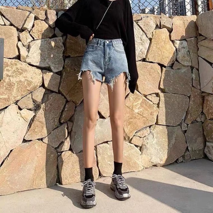 Quần short denim nữ mùa hè lưng cao học sinh mới giảm béo phong cách Hàn Quốc ống rộng dáng rộ