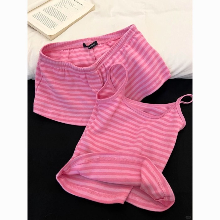 Bộ đồ ngủ có dây đeo sọc cho nữ mùa hè quần short vest mặc nhà