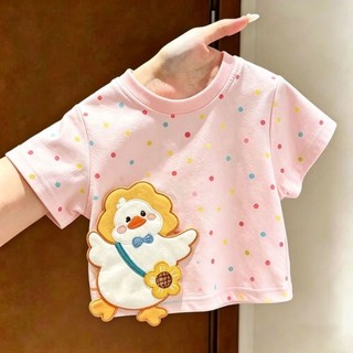 Áo thun ngắn tay thêu ba chiều bằng vải cotton nguyên chất dành cho trẻ em bé trai và bé gái có miế