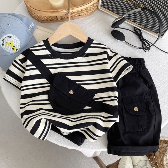 Mùa Hè bé trai sọc ngắn tay phù hợp với bé túi đeo chéo thời trang áo liền quần quần short thườn