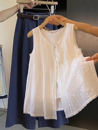 Áo sơ mi trắng thêu ren dày dặn phong cách Hàn Quốc dành cho nữ áo không tay xếp ly cao cấp