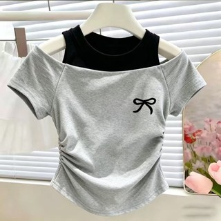 Áo thun ngắn tay giả hai mảnh thời trang ngọt ngào và mát mẻ dành cho trẻ em mùa hè áo trễ vai khôn